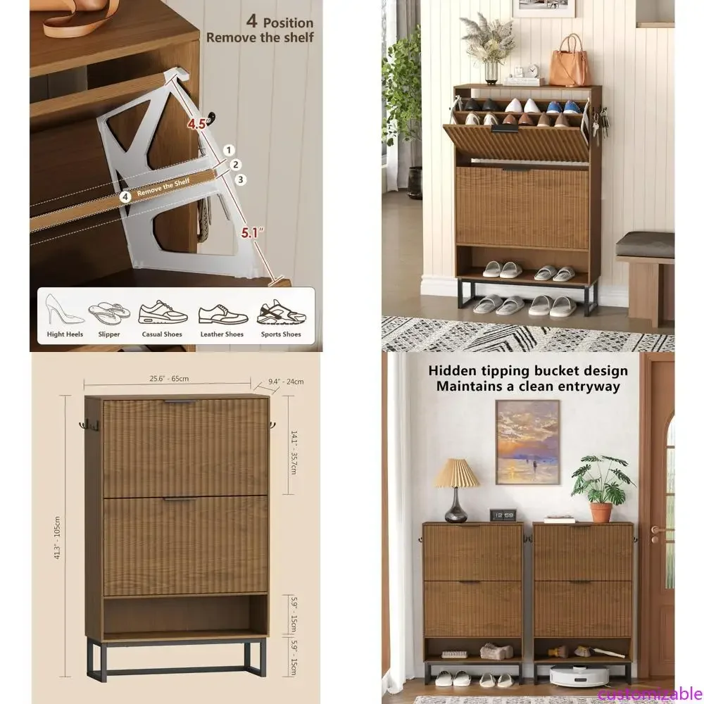 

Slim Shoe Storage Cabinet with Metal Legs and Dual Flip Drawers for Entranceway