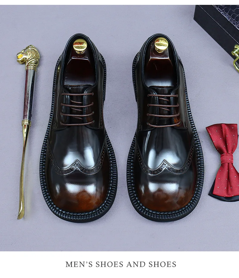 Zapatos Brogue Retro para Hombre, de Cuero Genuino de Lujo, Punta Redonda, Hechos a Mano, Planos, Color Marrón y Negro, para Bodas y Eventos Sociales
