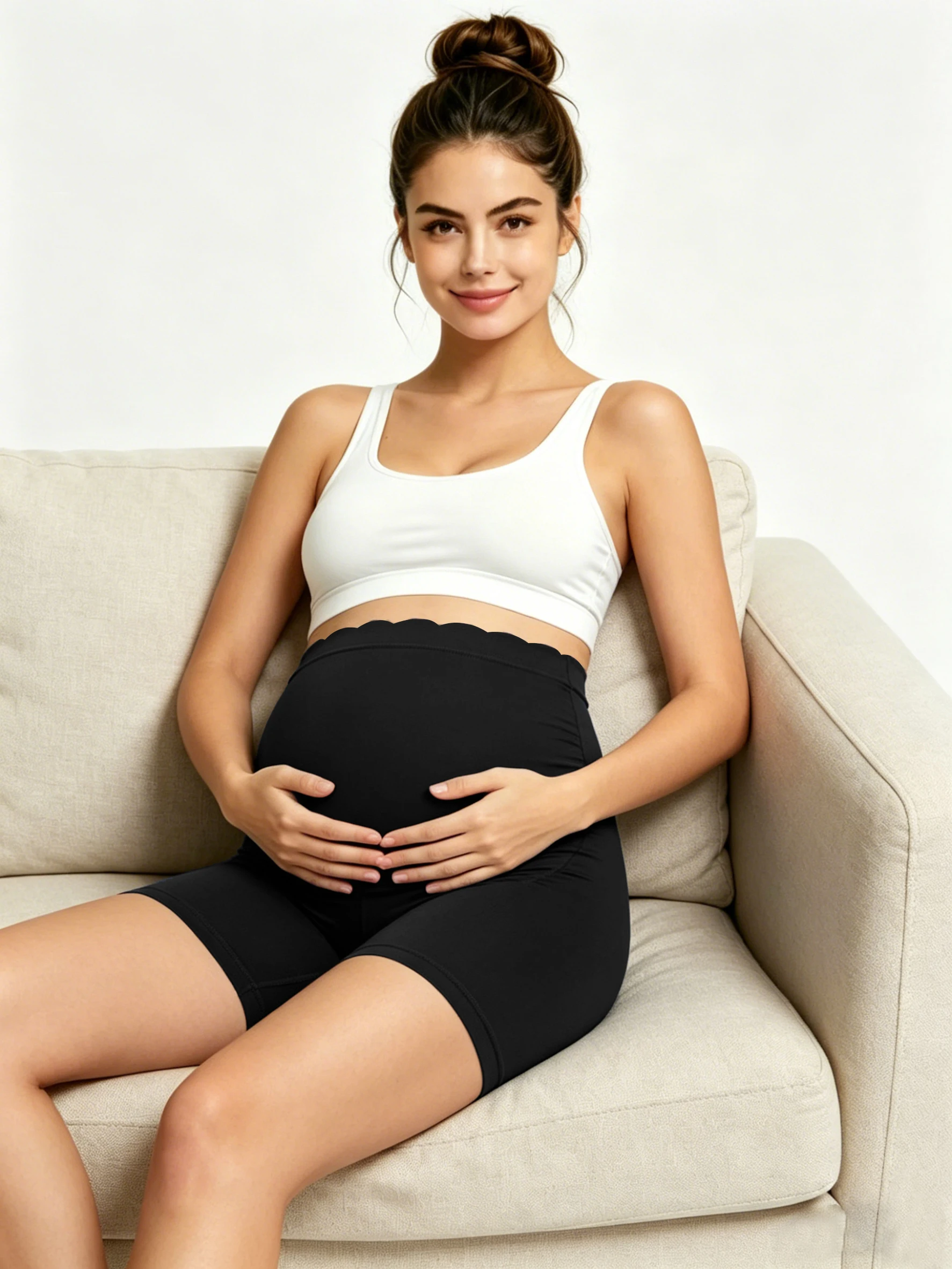 High Waist Maternity Yoga Shorts Scallop Waist Belly Support Pregnancy Cycling Shorts Seamless Stretch Workout Safety Underwear