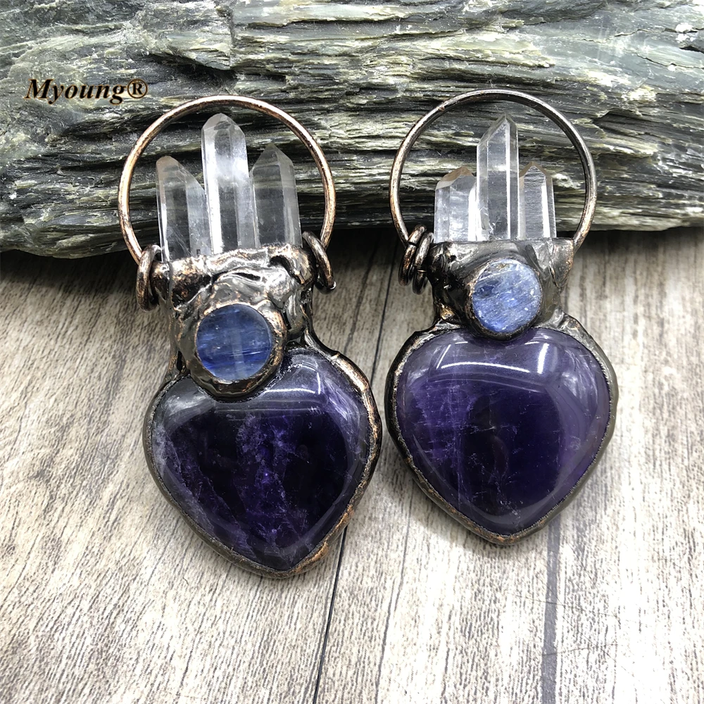 5PCS Bronze Plated Large Heart Shape Natural Amethysts Crystal Vintage Necklace Pendant Moon Stars Stone Bohemia Jewelry