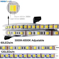 Fita LED PCB ajustável, 2 em 1 Temperatura de Cor, Fita Branca Dupla, 12V, 24V DC, 10mm, 60LEDs/m, 120LEDs/m, CW, 5050, 5025, TCC