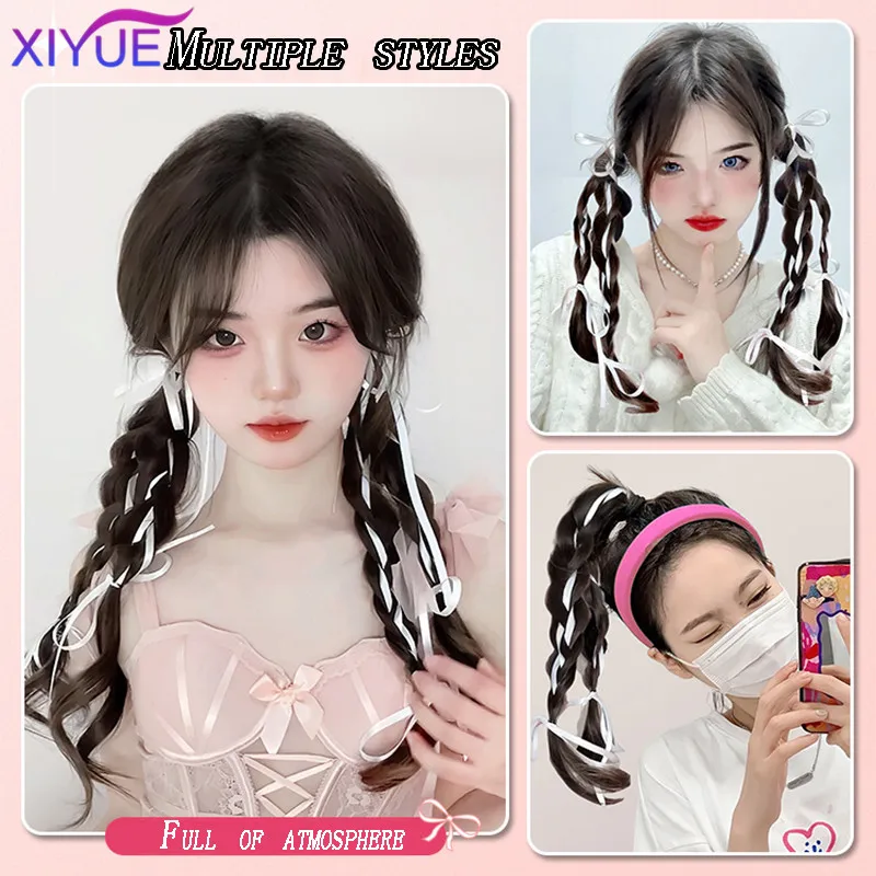 XIYUE synthetic Wig female ponytail ribbon natural imitation boxing braid net red Pigtail bow wig ponytail