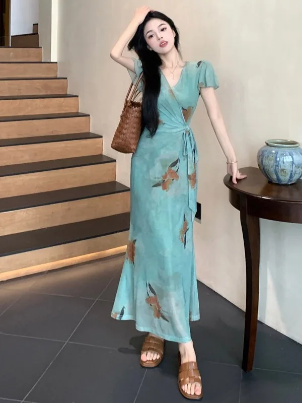 

plus Size Women's Vintage V-Ne ort Sve Dr Waist Cinched Skirt-Hing Long Dr Summer New Sle High Waist A-Line...