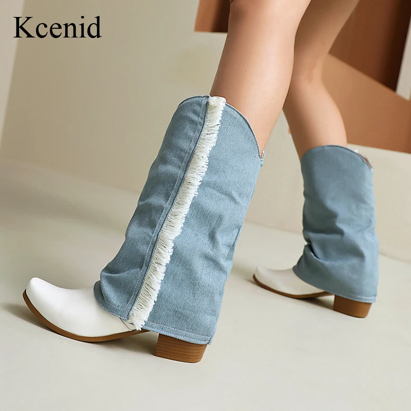 

Kcenid Women Chunky Heels Cowgirl Booties Casual Autumn Winter Western Cowboy Mid Calf Boots Fringe Design High Heels Shoes New