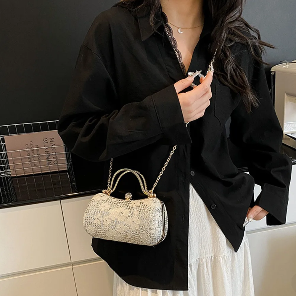 

Elegant Luxury Evening Banquet Bag Rhinestone Flower Box Shoulder Bag Metal Top Handle Shiny Ladies Clutch Bag Bridal