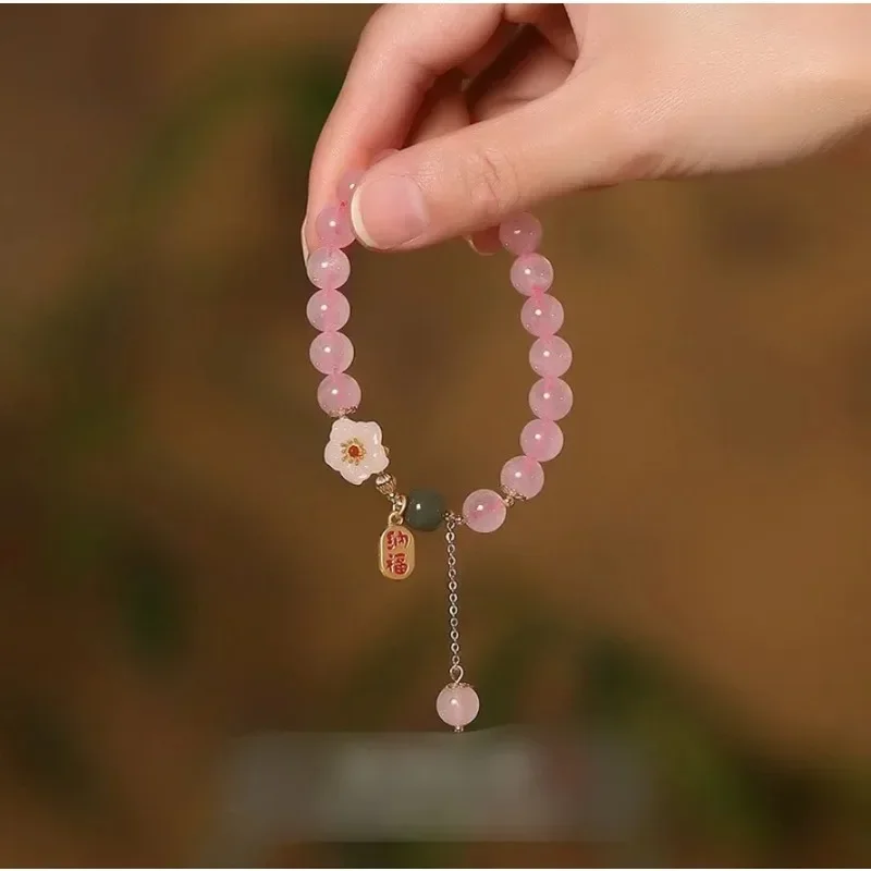 Bracelet en Jade Hotan en cristal rose pour femme avec ficelle à main en cristal rose