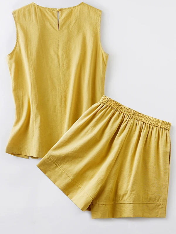 New Chinese Sle Embroidered Cotton Linen ort Sve Set Summer 2025 Faionable round Ne Two-Piece Suit ort Pants