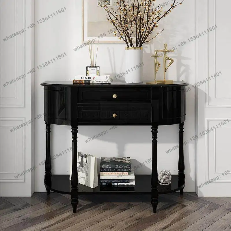 

French all-solid wood semi-round entrance cabinet European retro foyer cabinet against the wall table