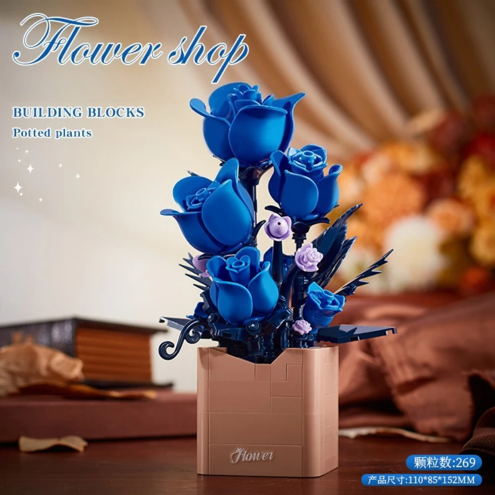 

MOC Blossom Heart Fluttering Ice Blue Rose Flower Building Blocks Set Wedding Potted Plant Idea DIY Toy Children Girlfriend Gift