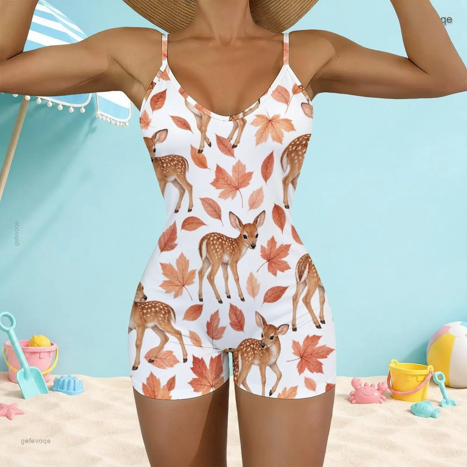 Women Thin Strap V-neck One Piece Boyshort Swimsuit, Printed with Fawn Deer and Maple Leaves