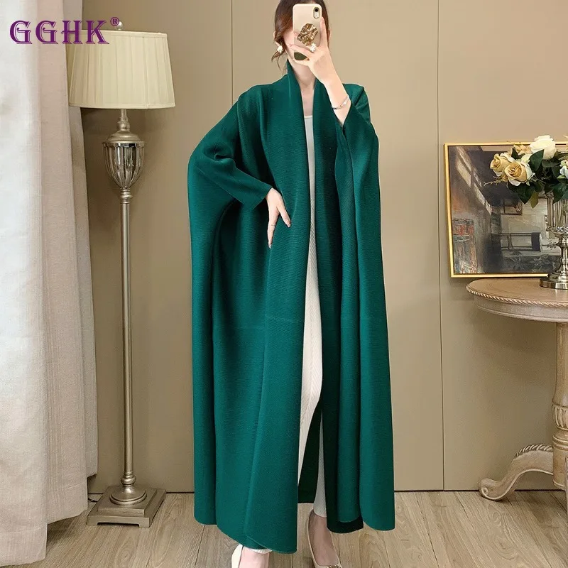 GGHK Pleated Women Luxury Trench Coat Pure Color Vintage Cardigan Design Loose Large Size Long Jacket Arabian Female Abaya 2024