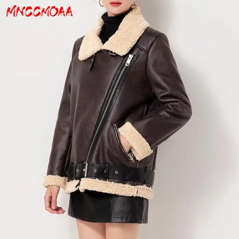 MNCCMOAA-Women's Vintage Lambswool Zip Faux Leather Jacket, Casual Loose Coat, Thicken Warm Top Outwear, Winter Fashion, 2024