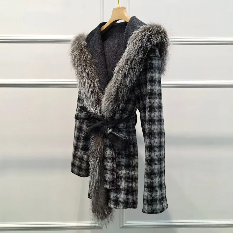جديد معطف من قماش الكشمير مع حقيقية الثعلب الفراء طوق الأصفاد المرأة جواكت شتوية ريال فوكس الفراء معاطف فاخرة الصوف يمزج معاطف ﻿