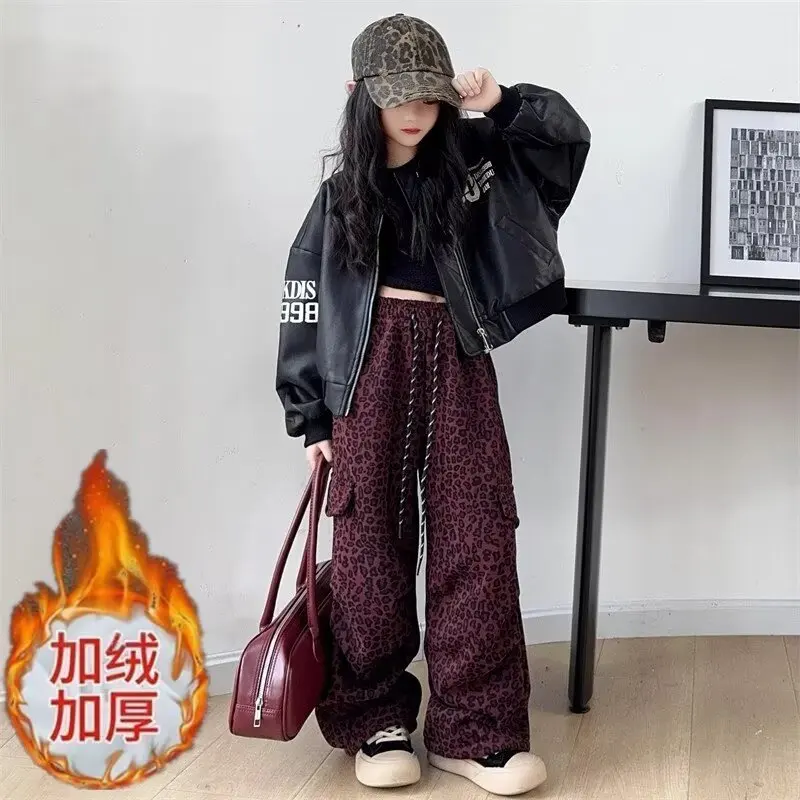 الشتاء بناطيل تدفئة للفتيات سميكة الصوف مبطن الأطفال سراويل تقليدية 120-170 الكورية نمط ليوبارد طباعة Sweatpants للفتيات