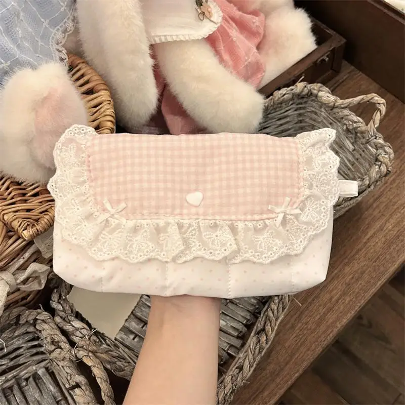 Cute Sweet Girls Pencil Pouch Ruffle Lace Bow Design Flap Small Exquisite Travel Makeup Purse Student School Daily Storage Bag