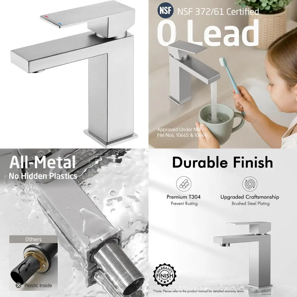 

Modern Single Handle Stainless Steel Bathroom Sink Faucet with Brushed Finish, L3156ALFF12-BS, UPC Certified, Suitable for All S