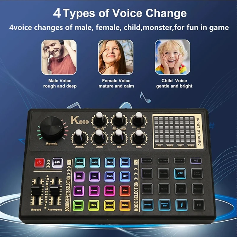 Live Sound Card And Audio Interface Sound Board With Multiple DJ Mixer Effects,Voice Changer And LED Light