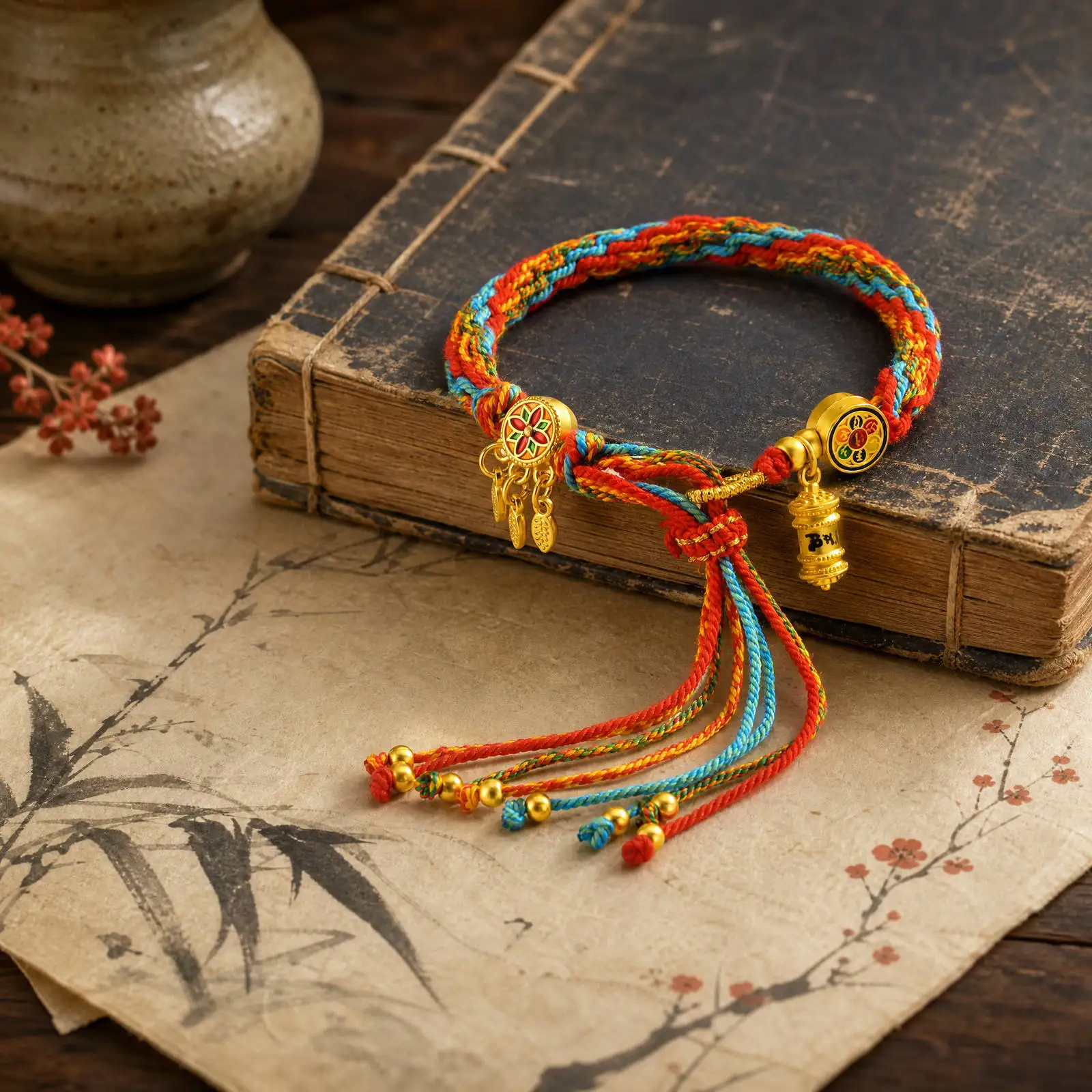 Tibetan Buddhist Bracelet for Men Women, Multicolor Braided Lucky String with Prayer Wheel Charm, Adjustable Protection Jewelry