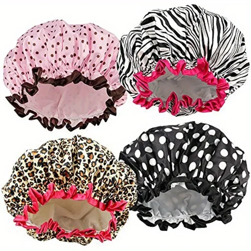 1PC Waterproof Shower Cap Leopard Print Double Layer Elastic Shower Hair Cover Reusable Wave Point Shower Cap Bathroom Supplies