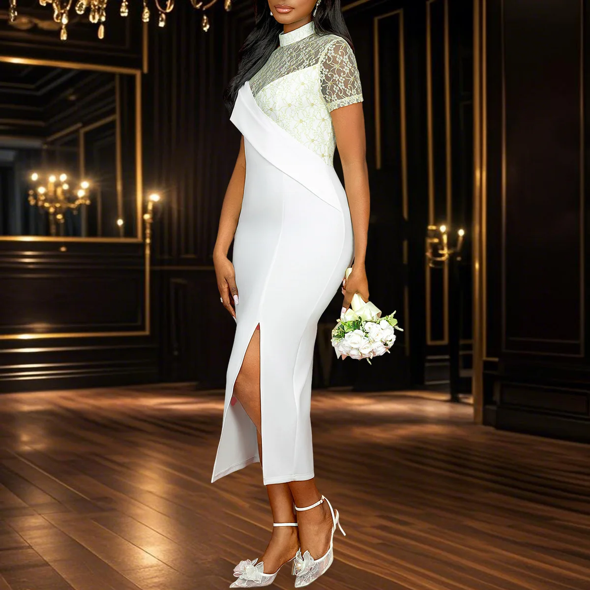 AM050223 라운드넥 시스루 레이스 반팔 드레스 파티 웨딩 들러리 스플릿 드레스 여름 드레스 로브 베스티도 여성 우아한 드레스