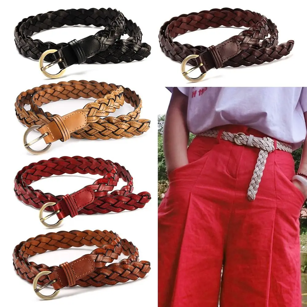 

Women Vintage Casual Ladies Dress Cummerbands Cowhide Braided Belt Weave Waist Band Pin Buckle Waistband