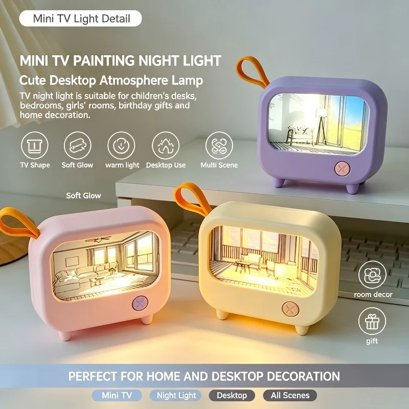 Cartoon TV Painting Light LED Desktop Children Decor Nursery Night Lamp Warm Soft Lighting for Boys Girls Kids Room Decoration