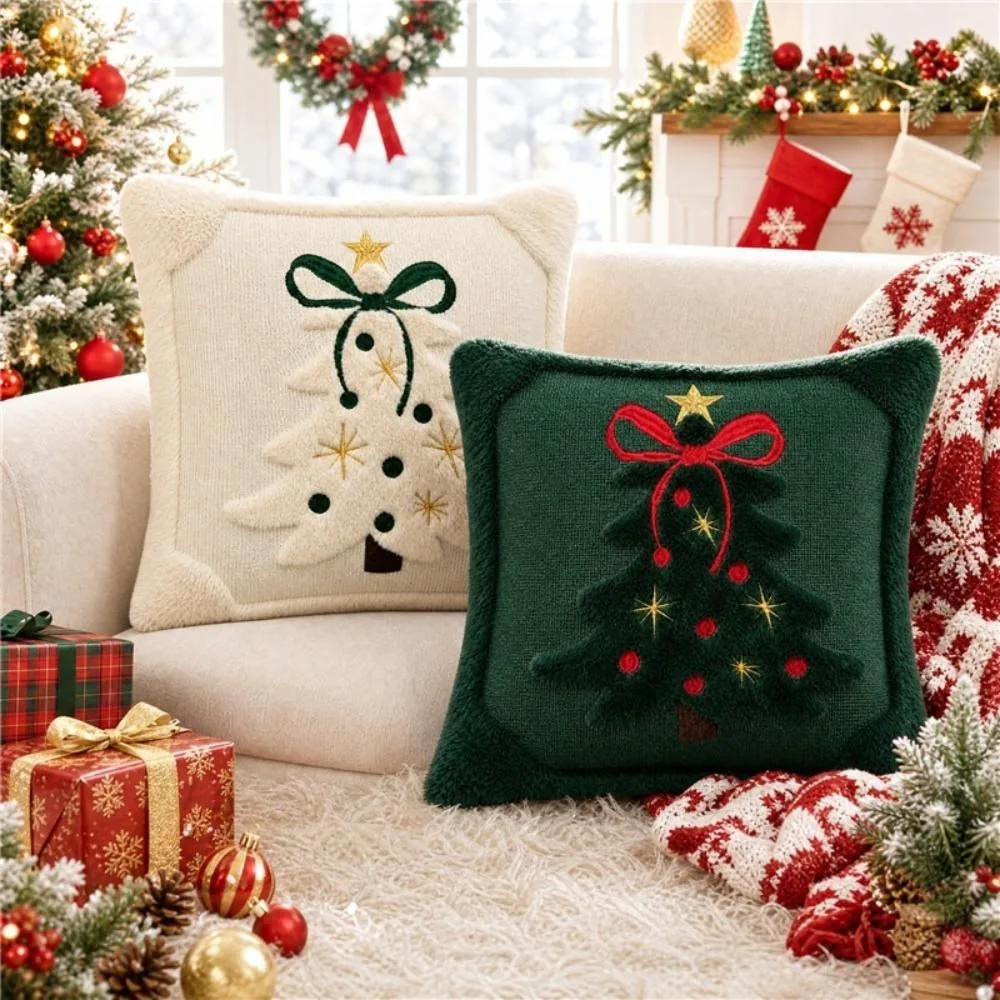 Christmas Tree Bow Pillow Covers Soft Velvet Plush Embroidered Cushion Covers Home Christmas Decor Pillow Cases for Sofa Bed