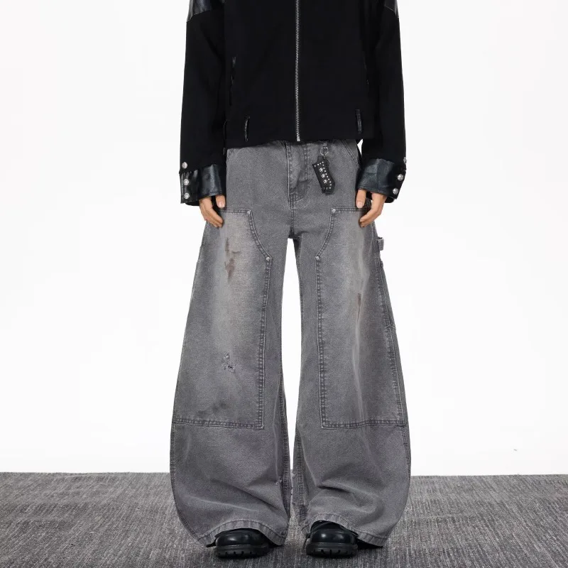 American Retro Washed Patchwork Dirty Dyed Street Jeans for Men Y2k Streetwear Korean High Street Baggy Wide Leg Denim Pants