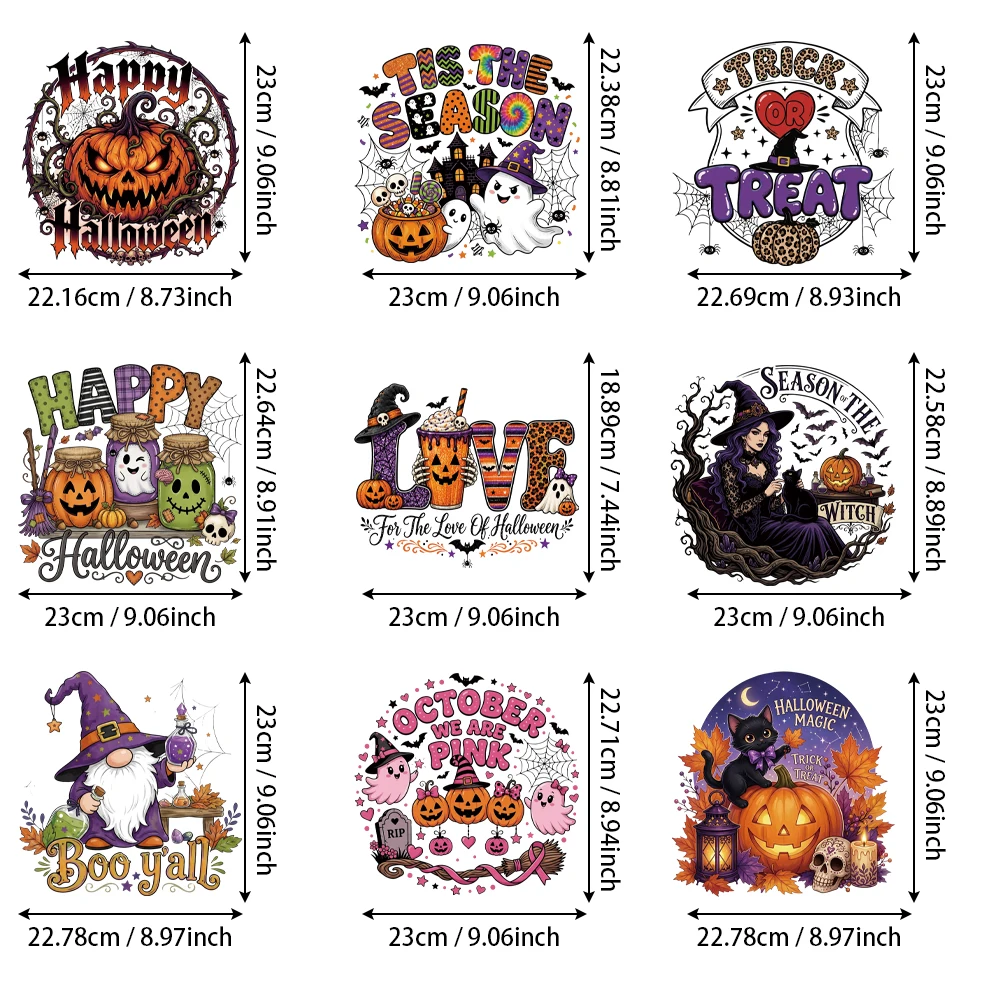 9Pcs Pumpkin Scroll Heat Transfer Stickers, Washable Long-Lasting Pattern, for Knit Sweater Chest & Denim Overalls
