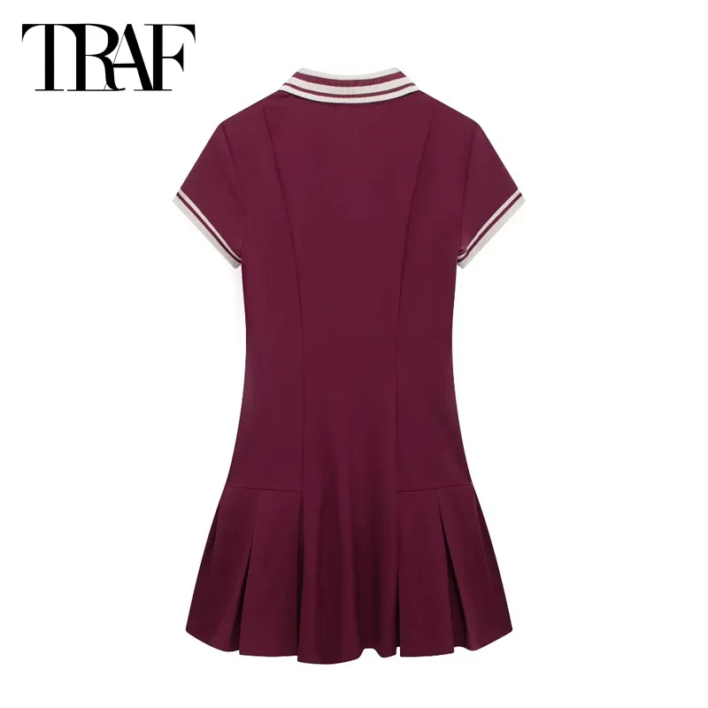 TRAF Winered Short Dresses Women\'s 2024 Summer Autumn Elegant Stripe Pleated Mini Dress Ladies Fashion Casual Short Sleeve Dress