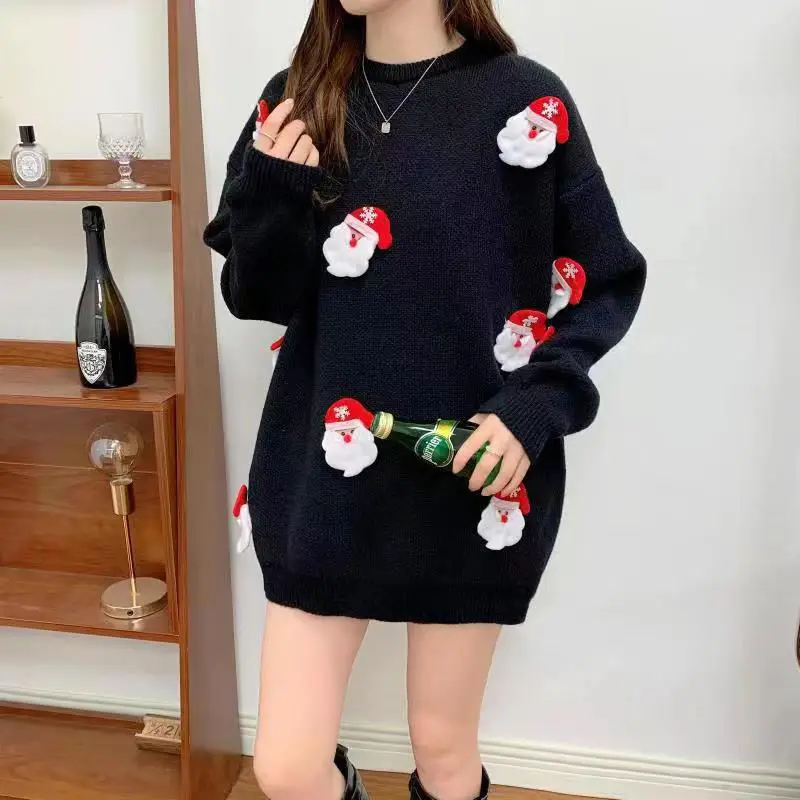 Christmas Red Sweater Female Knitting Loose O-neck Long Sleeve Mid Length Top Autumn Winter Lively Cute Patchwork Pullovers Tops