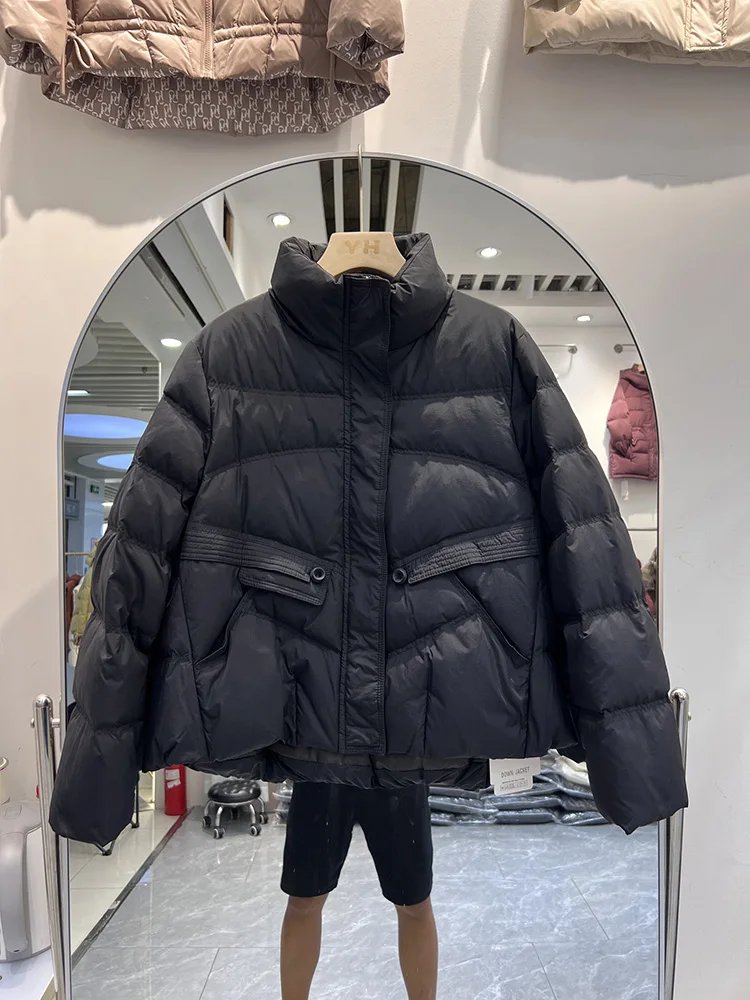 Female button drawstring fashion stand up collar casual versatile white duck down jacket trend winter new short down coat