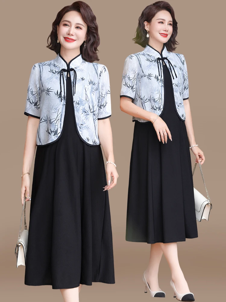 

New 2025 Chinese Sle Midi Dr for Middle-Aged Mothers Summer Faion Loose Fit Snowy Polyester Long Skirt Traditional Pat...