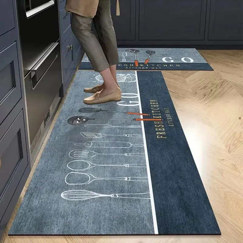 VIKAMA Minimalist Kitchen Runner Rug Sketch Cooking Tool Print Non Slip Water Oil Resistant Long Mat Home Decor