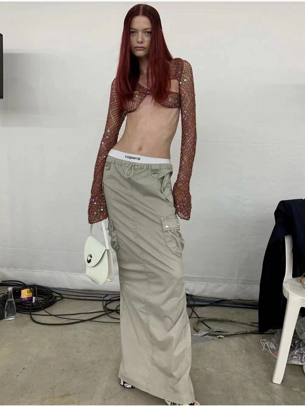 Bella Cool Low Waist Cargo Pocket Details Street Style Long Skirt Fashionable Workwear  Dress in Khaki Color