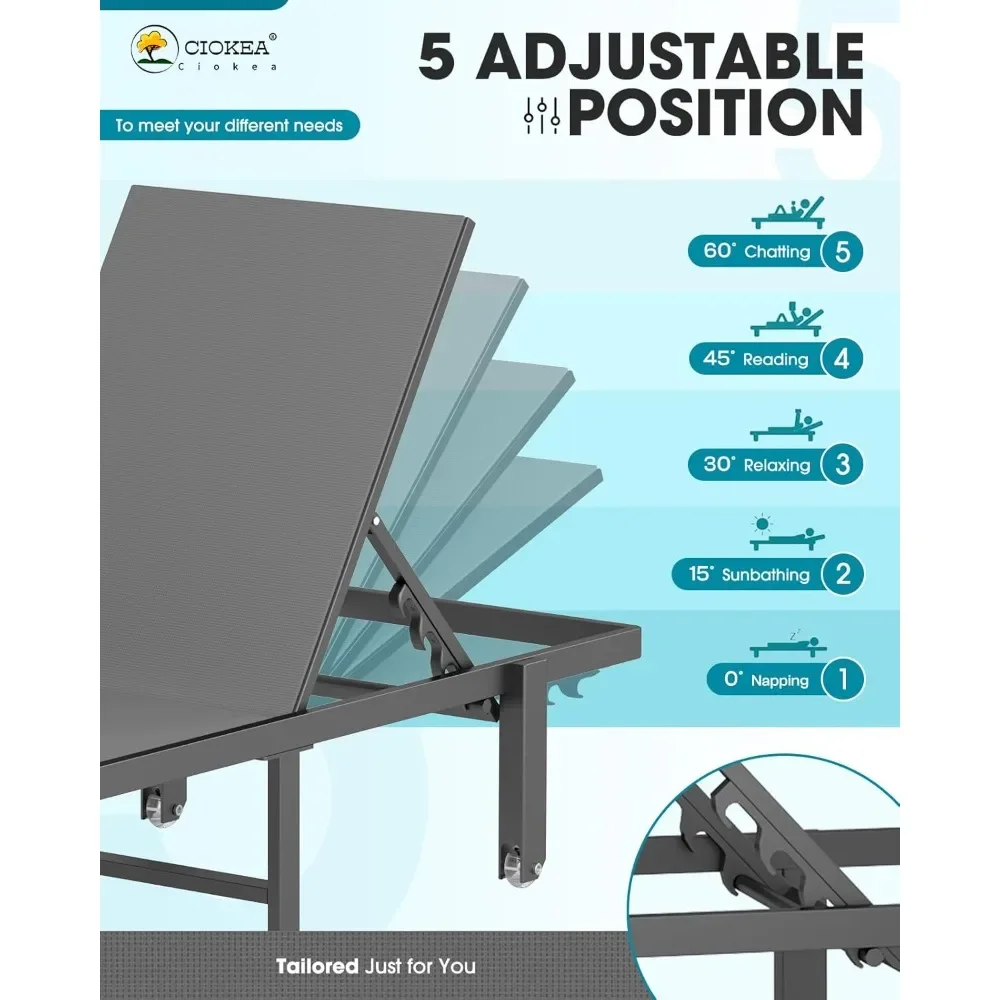 كرسي استرخاء من الألومنيوم للاستخدام الخارجي مع 5 أوضاع ومسطحة بالكامل، كرسي فناء رمادي مع عجلات لسطح حمام السباحة