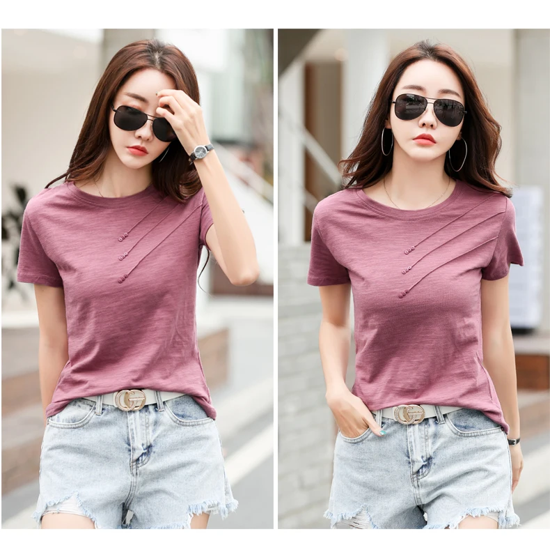AOSSVIAO 2026 Summer Solid Color Women's T-Shirts Slub Cotton O-Neck Short Sleeve T-Shirt Loose Casual Simple Button Basic Top