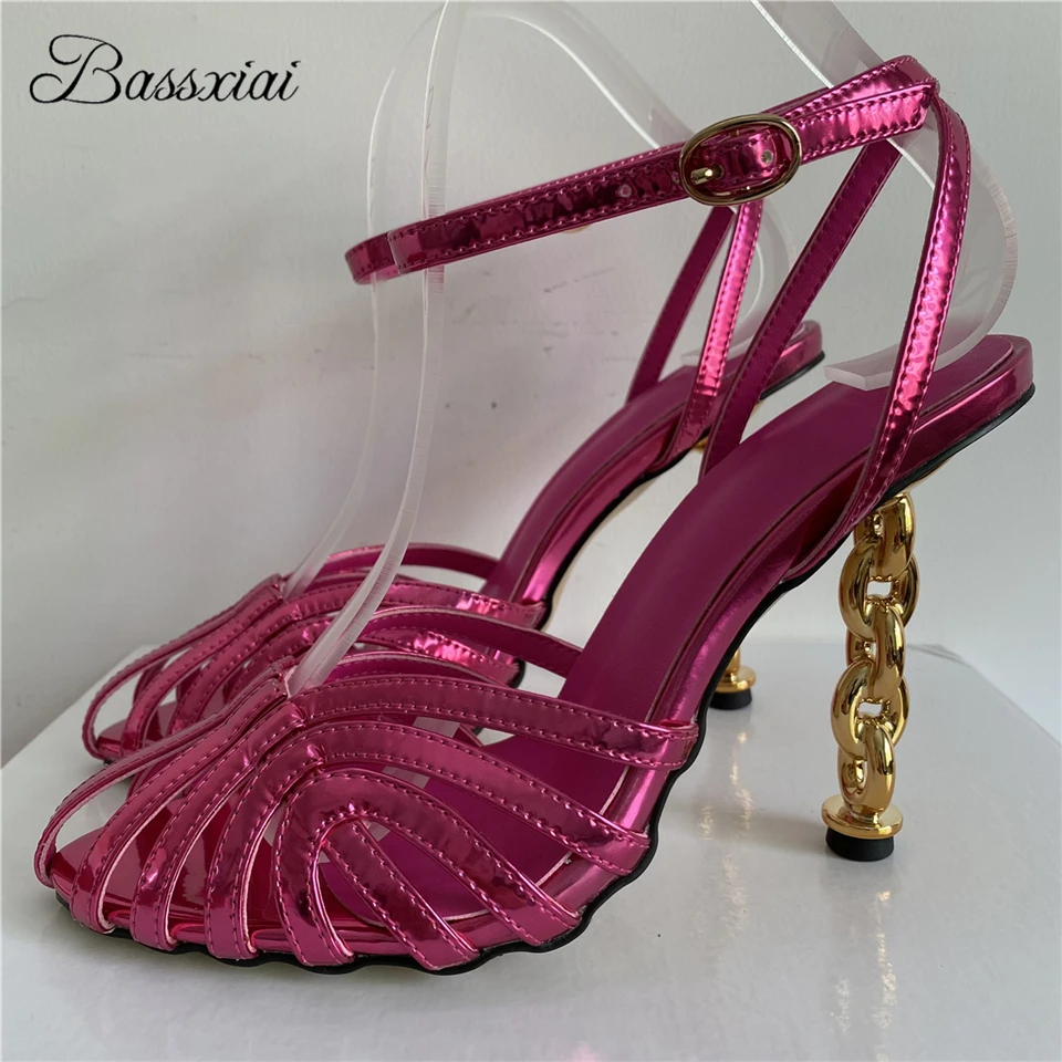 Sexy Narrow Band Fretwork Sandals For Girls Women Twist Metal High Heel Ankle Strap Modern Summer Shoes