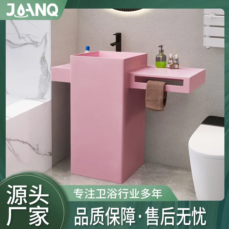 Creative integrated column basin Floor-to-ceiling artificial stone washbasin Bathroom Pink square vertical washbasin Household