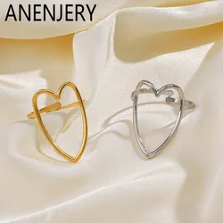 ANENJERY 316L Stainless Steel Hollow Love Heart Open Ring for Women Simple Fashion Party Jewelry Wholesale