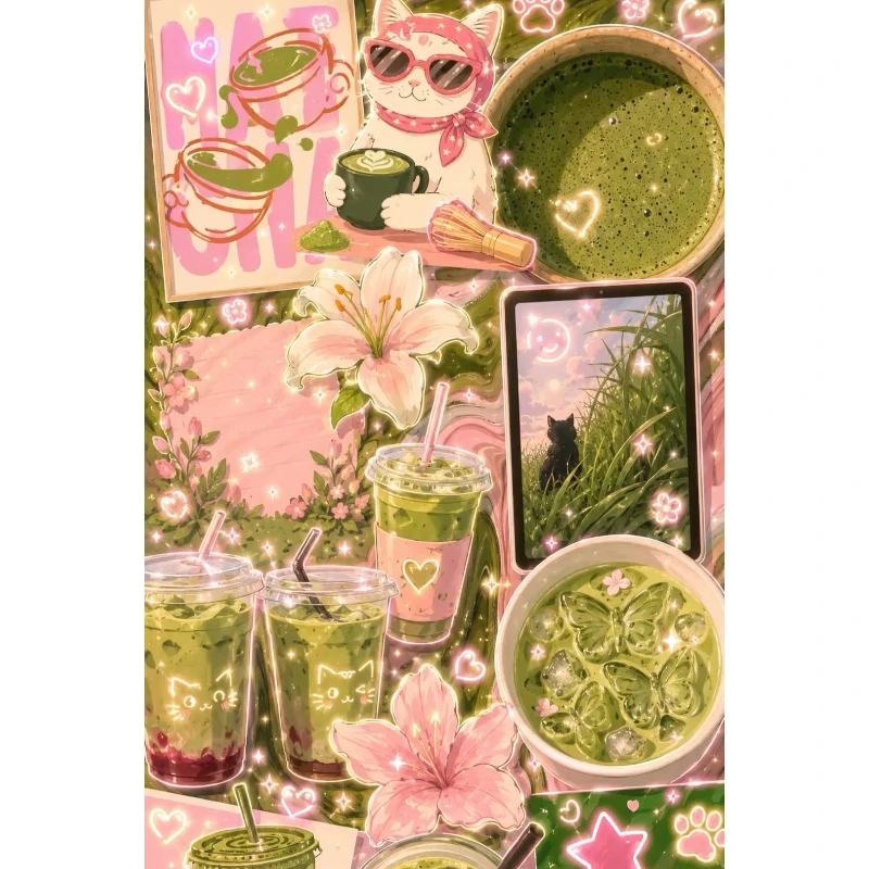 DIY Matcha Cat Aesthetic Collage Diamond Painting, Eye-catching Illustration Art For Living Room Wall Decoration Exquisite Gift