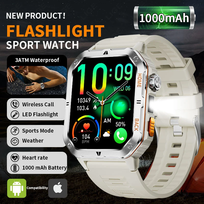 

LIGE 3ATM Waterproof LED Flashlight Smart Watch New 1000mAh Large Battery Bluetooth Call Sports Fitness Smartwatch for Men Women