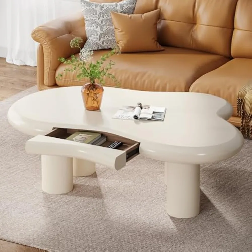

46.4" Cloud Coffee Table with Storage Drawer, Modern White Irregular Center Tea Table with 4 Legs for Living Room