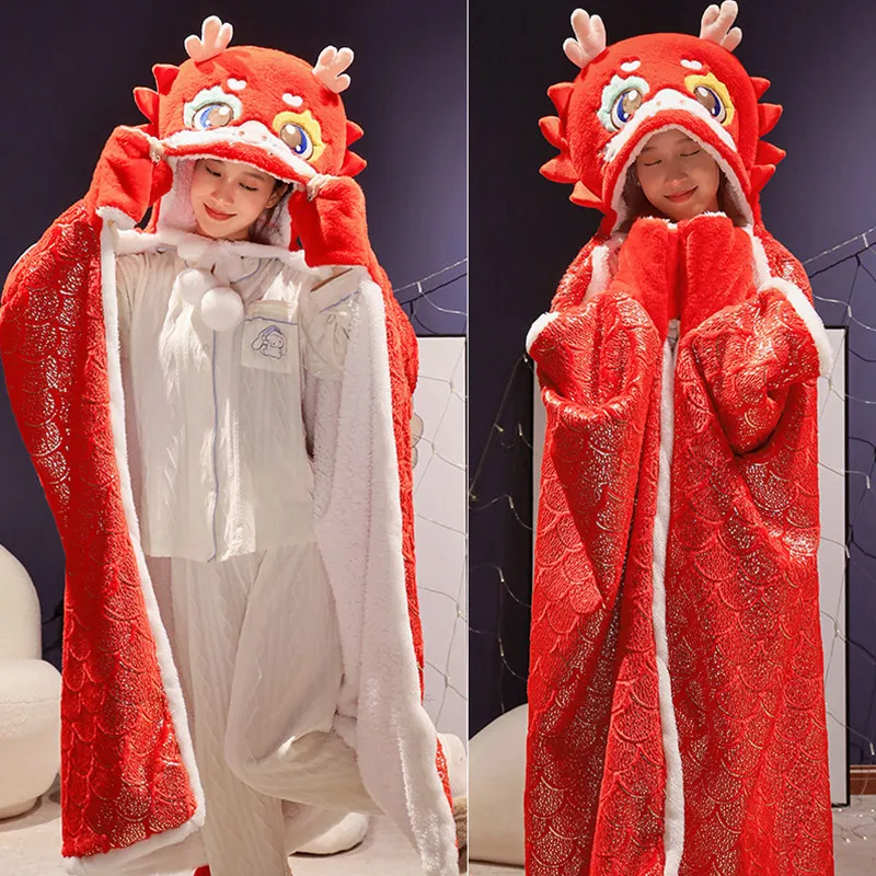 

Wearable Hooded Blanket Chinese Dragon Dance Plush Warm Soft Throw Blankets Lovely Shawl With Gloves Kid Adult Aircondition Quil