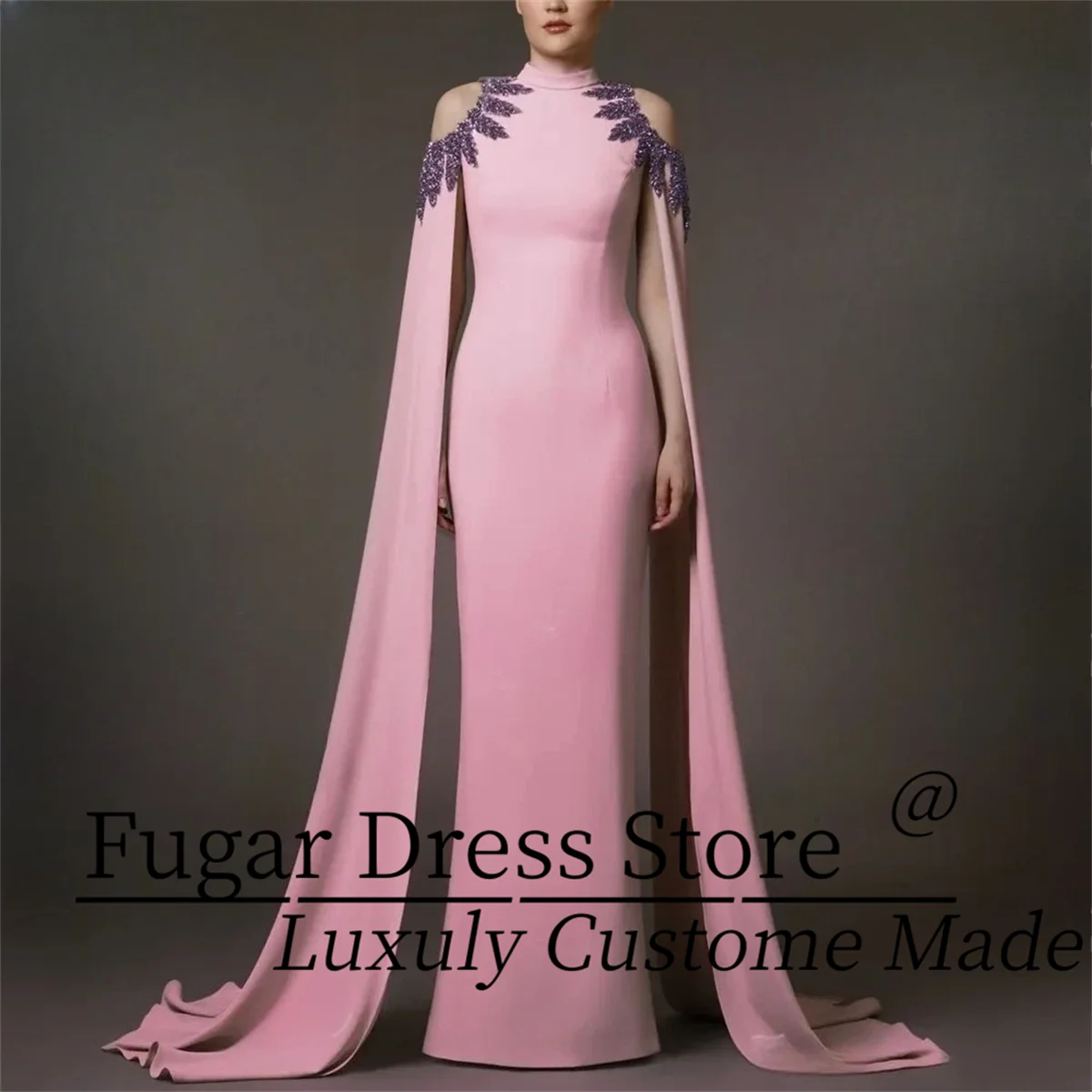 

TIANTIAN Customized Pink Elegant Evening Gowns Formal Cape Sleeves Satin Prom Dresses Mermaid Vestidos defiesta elegante