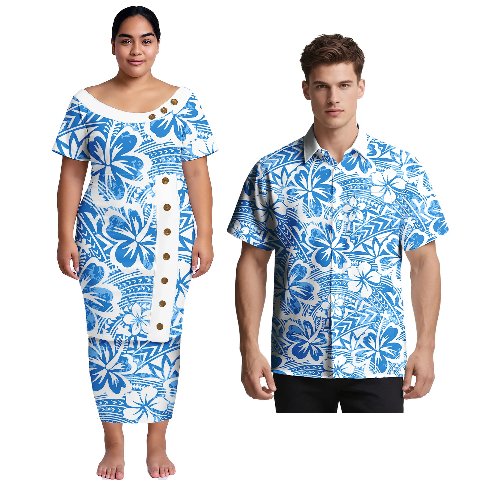 Matching Clothes for Couples Samoan Puletasi Dresses Men's Shirts Polynesian Tribal Couple Outfit Sets