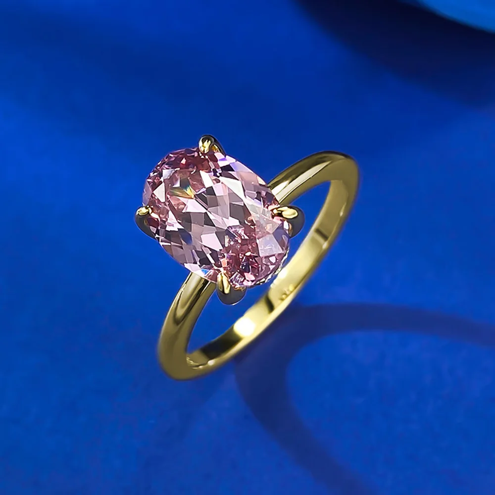 Luxury 18K Gold Plated 925 Sterling Silver 7*10mm Pink Morganite Diamond Rings for Women Wedding Engagement Party Fine Jewelry