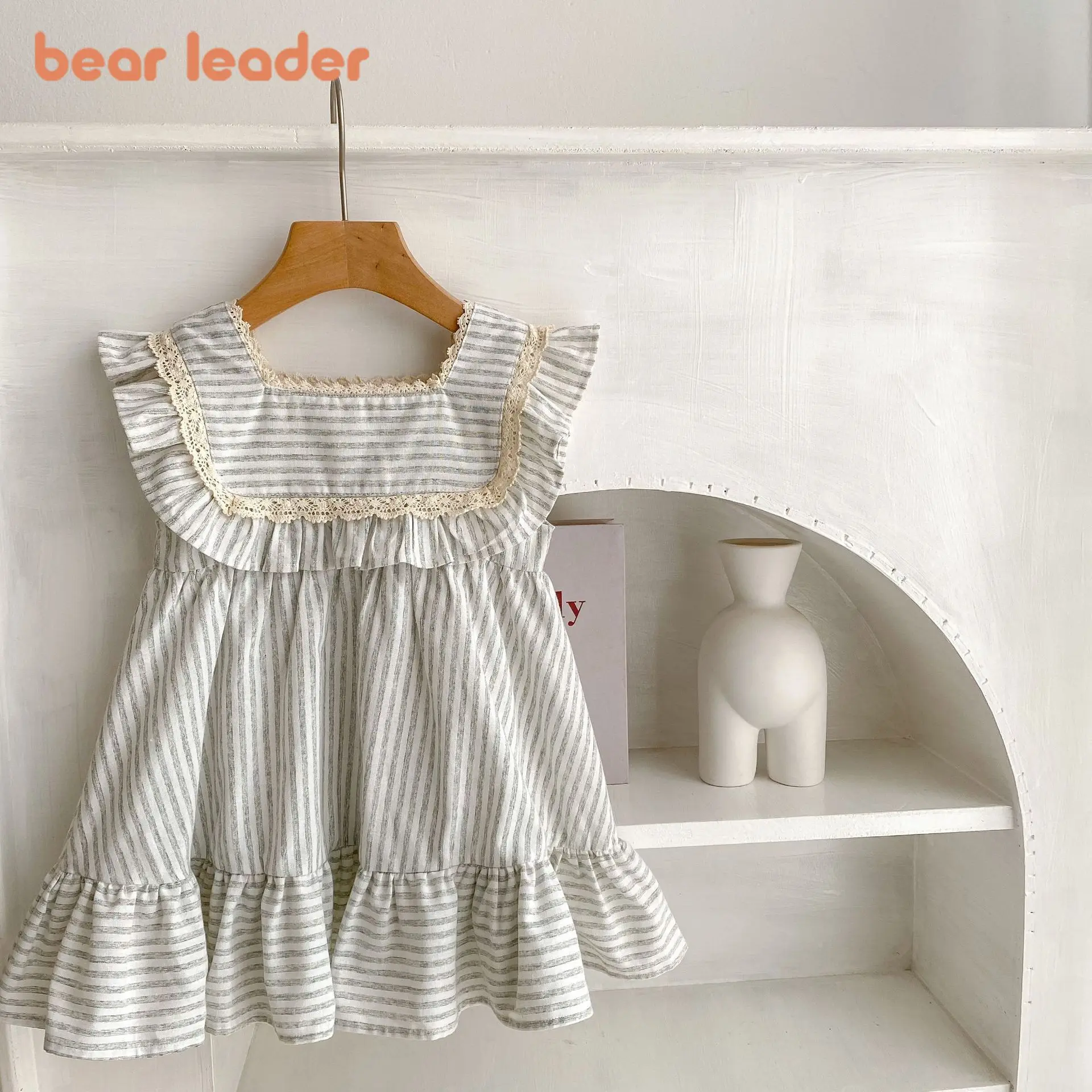 Bear Leader Kids Lace Casual Dresses Summer Grey Striped Girls Dress Square Neckline Sleeveless Daily Wear Clothing Kids Clothes