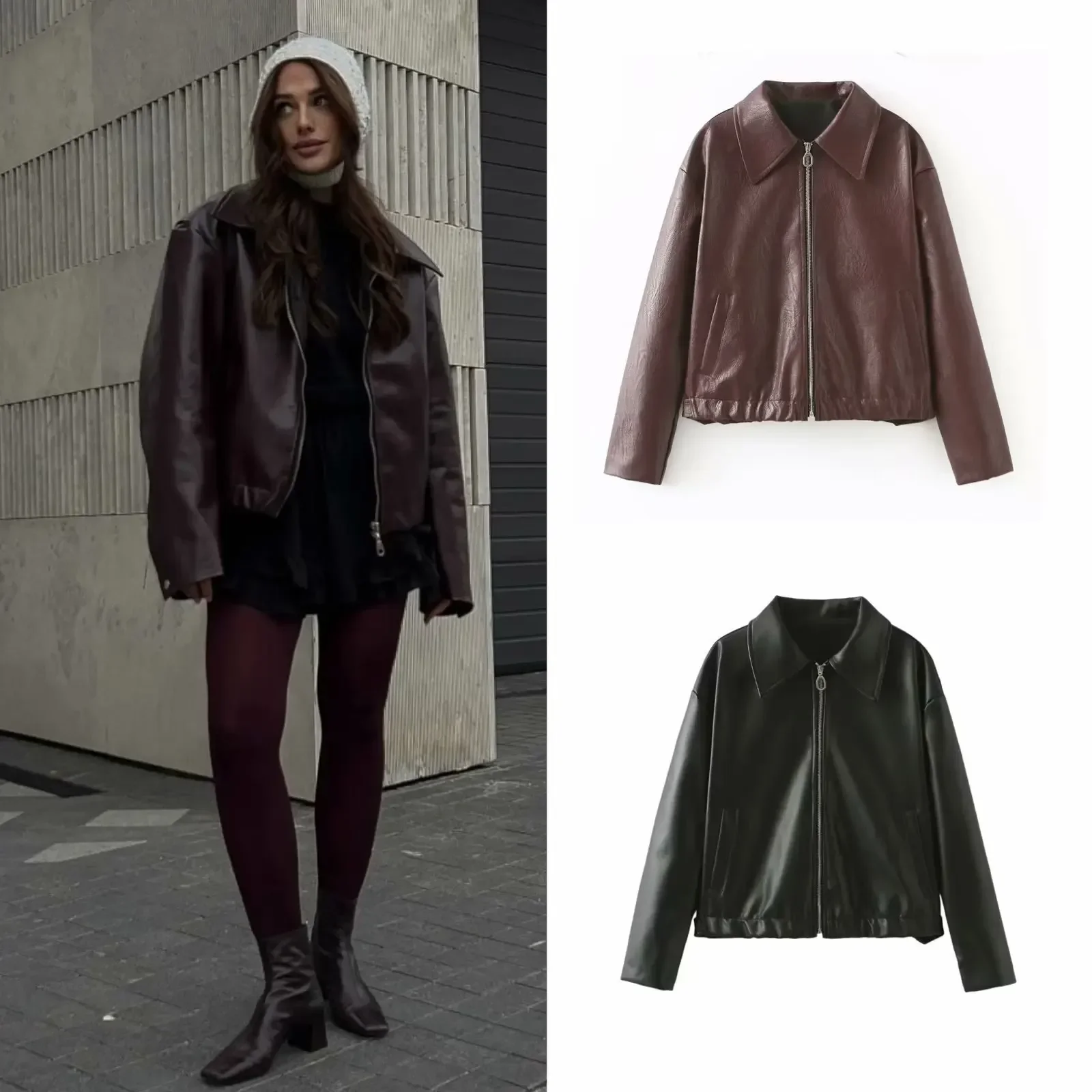 Minimalist women leather jacket Lapel spring autumn PU windbreaker streewear luxury leather coat vintage bomber Jacket women