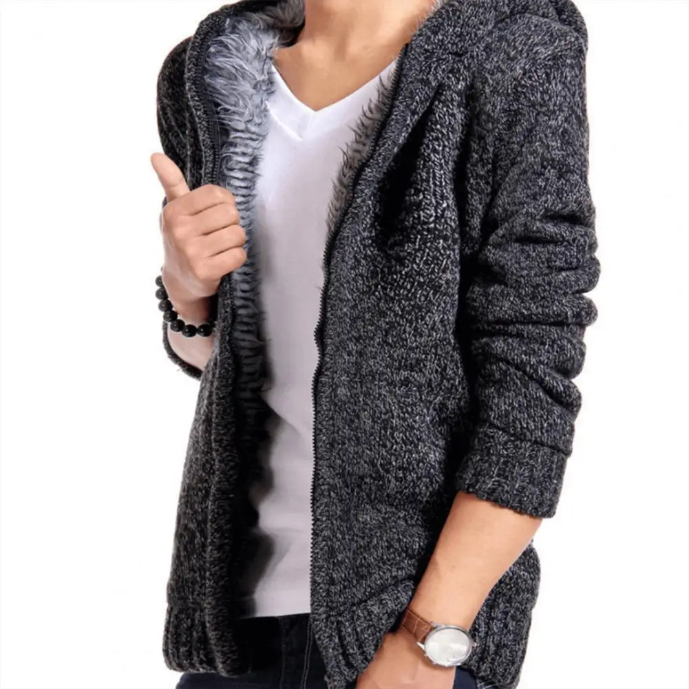 Stylish Hooded Sweater Jacket Male Solid Color Autumn Winter Windproof Knitting Hooded Sweater  Men Outwear Cold Proof